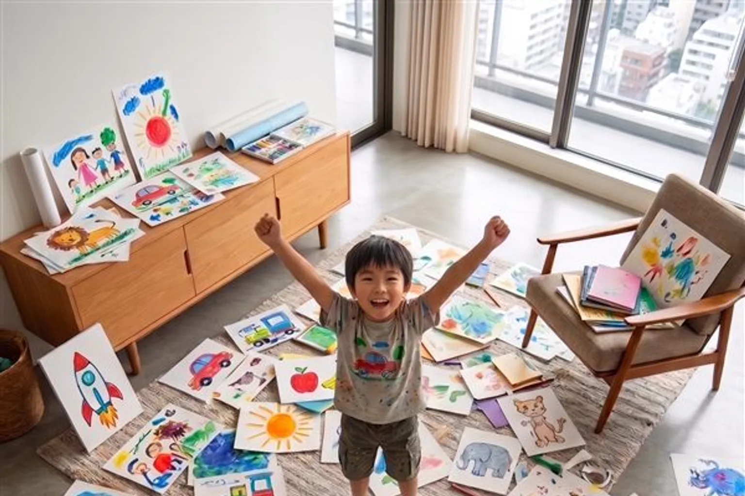床に並べた子どもの絵をスマホで真上から撮影してデータ化している親の手元