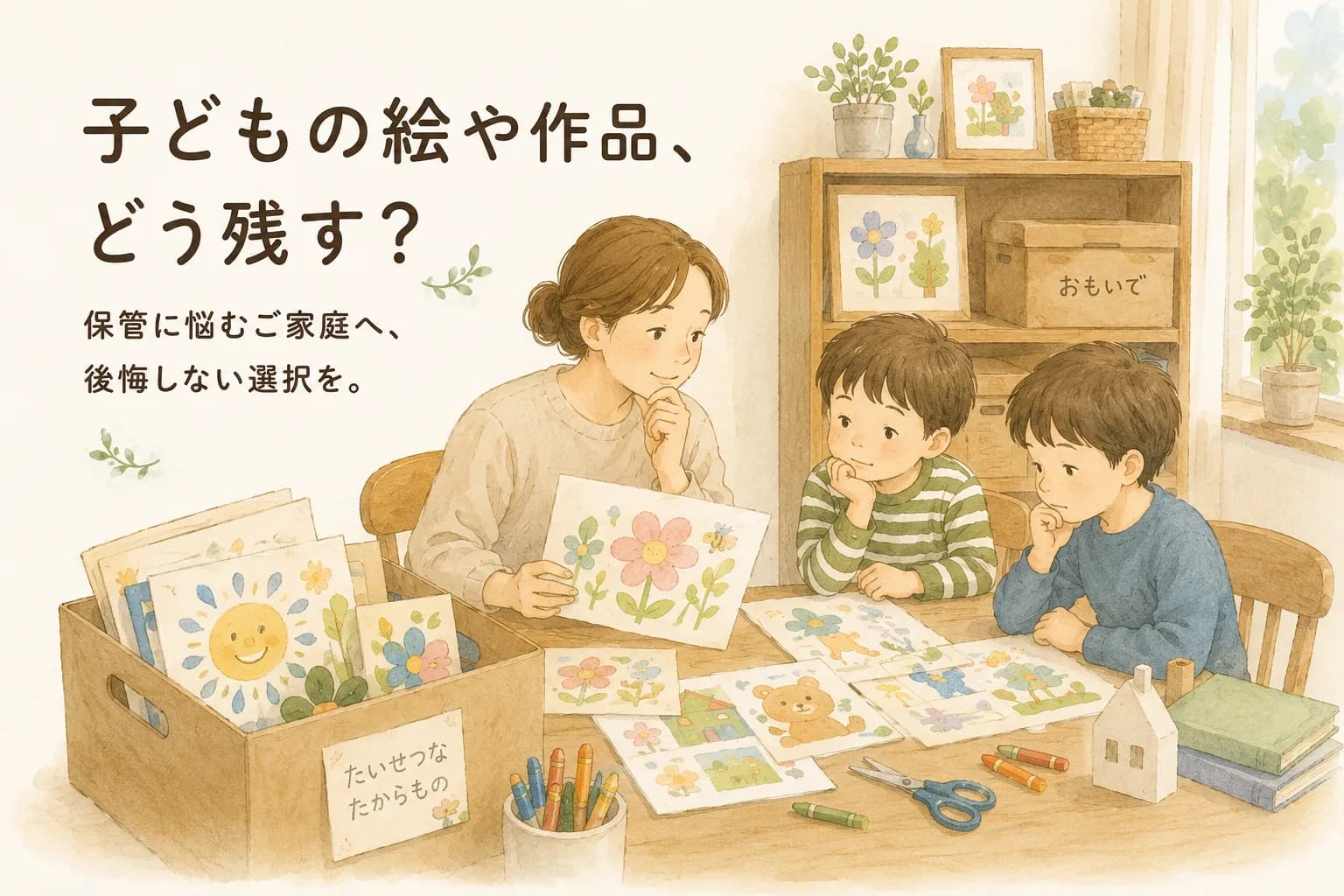 子どもの絵や作品をテーブルで一緒に見ながら、収納・保管方法を考える親子