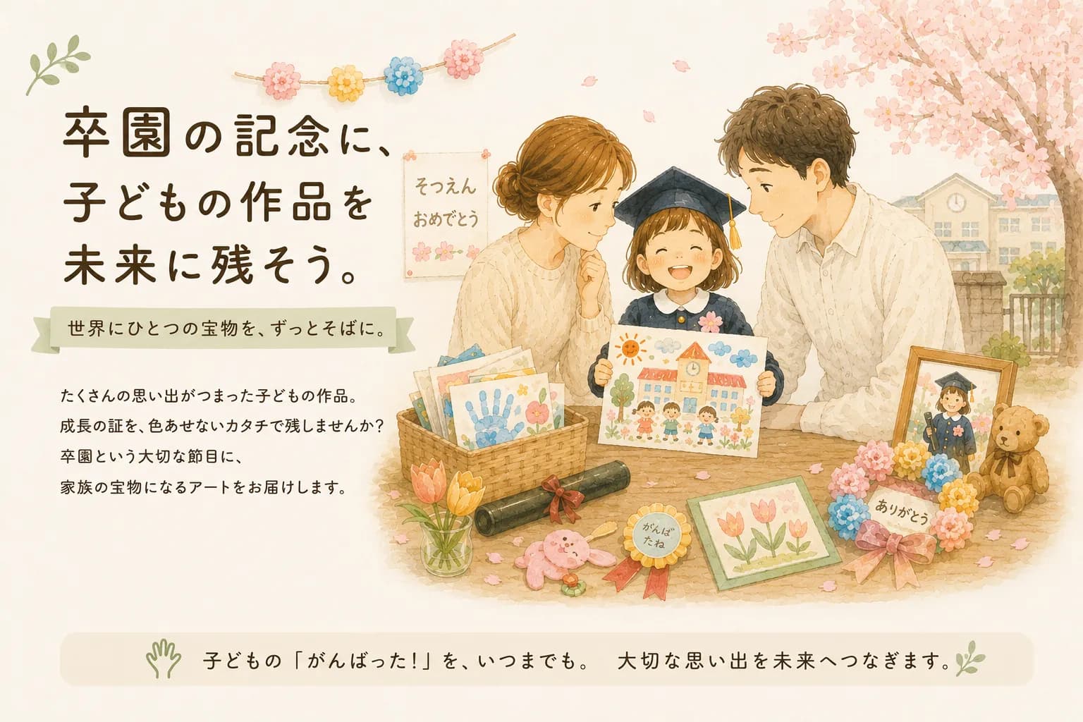 卒園の記念に、子どもの作品を囲んで成長を喜び合う家族